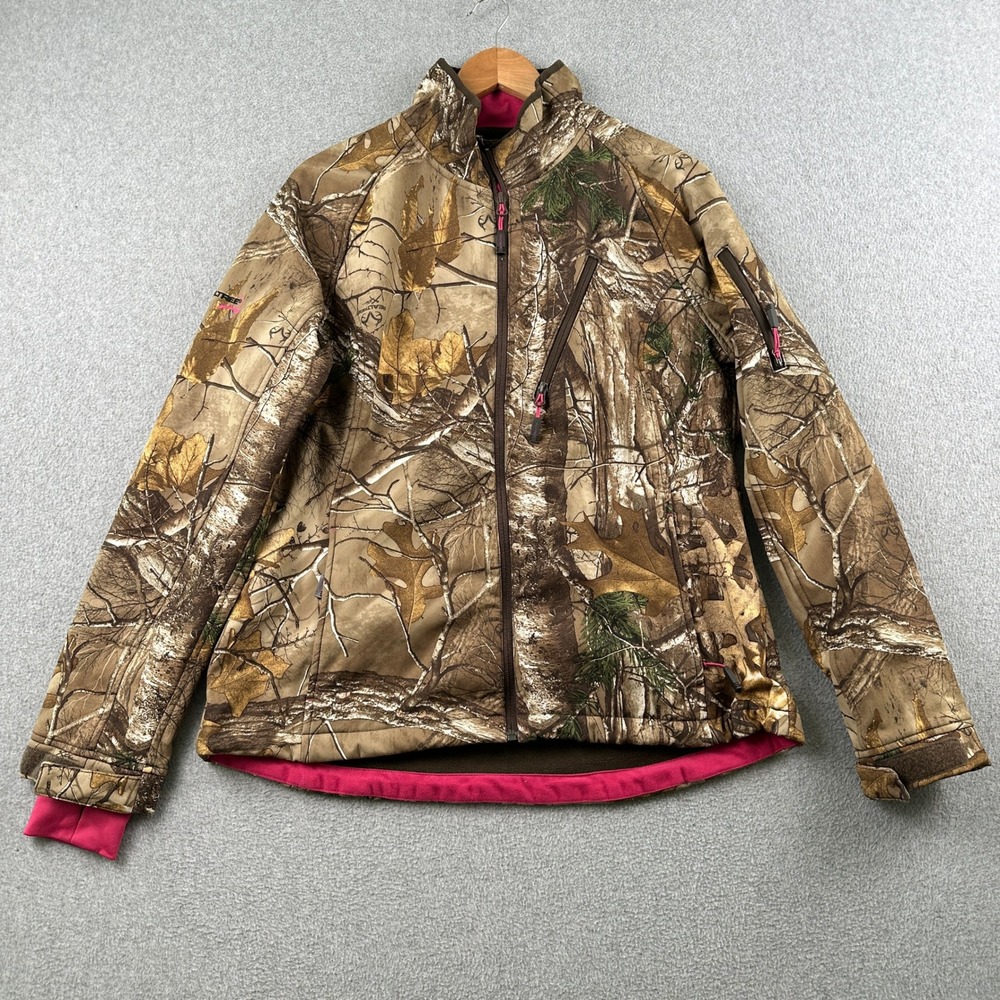 Realtree Jacket Womens Large Brown Camo Full Zip Softshell Pink Trim Hunting